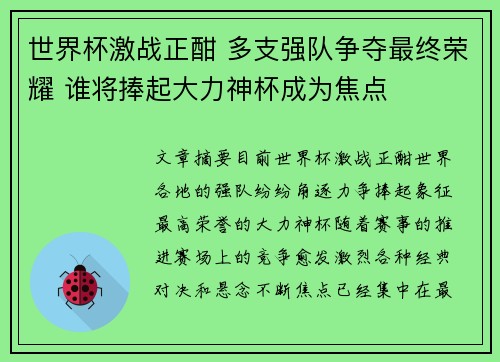 世界杯激战正酣 多支强队争夺最终荣耀 谁将捧起大力神杯成为焦点